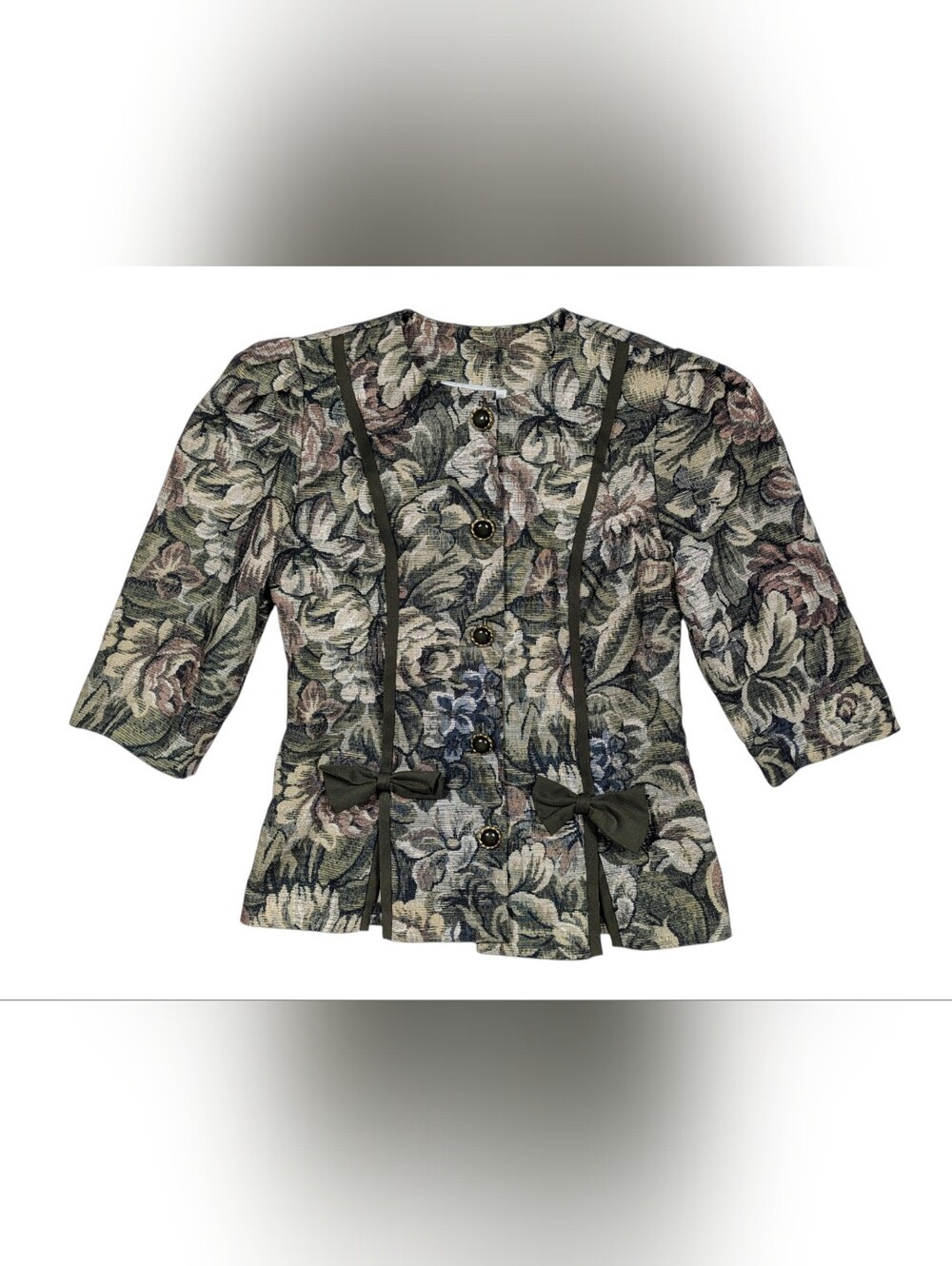 80s Classic Apparel Floral Tapestry Jacket with Bow Accents - Olive Multi Size 6